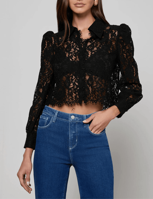 Black lace cropped blouse with scalloped hem by L’AGENCE front