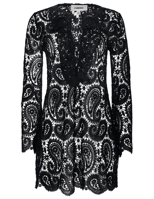 L’AGENCE Ansley Crochet Long Sleeve Cover-Up Mini Dress in Black