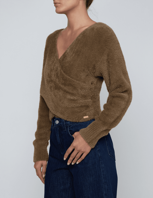 L’AGENCE Antonella Cross Front Sweater in Driftwood, side view.