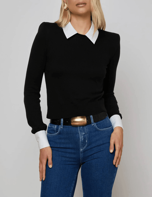 L’AGENCE April Poplin Collar Sweater in Black Gold with poplin collar and French cuffs front view