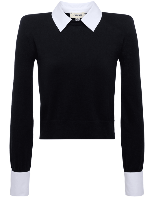 L’AGENCE April Poplin Collar Sweater in Black Gold with poplin collar and French cuffs