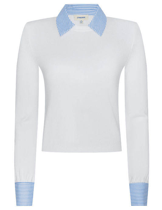 L’AGENCE April Poplin Collar Sweater in white with blue stripe cuffs