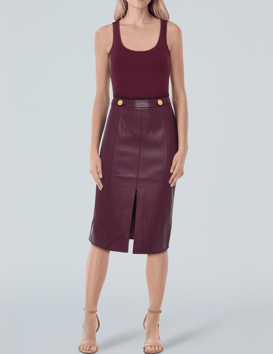 L’AGENCE Arlette Whipstitch Midi Skirt in Dark Port with gold button details