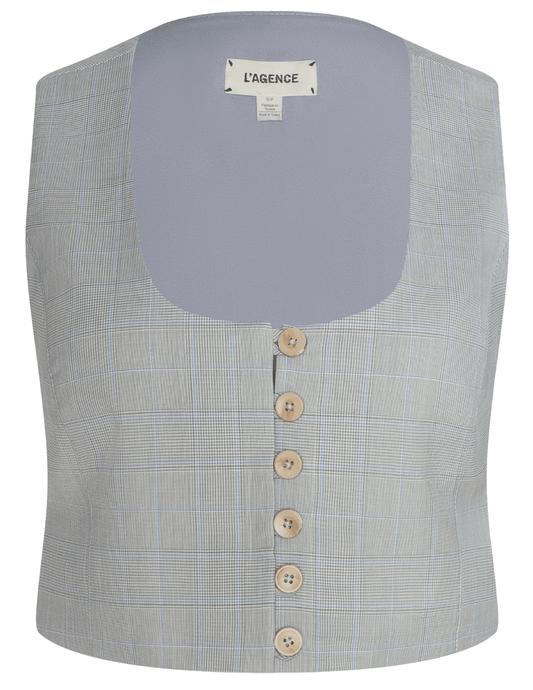 L'AGENCE Arwen U-Neck Vest in Ivory Tan Blue Plaid
