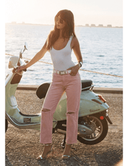 L’Agence Blaine low rise stovepipe jeans in misty rose on model