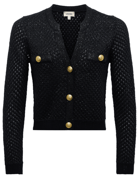 L’AGENCE Blanca Sequin Cropped Cardigan in Black Gunmetal Gold.