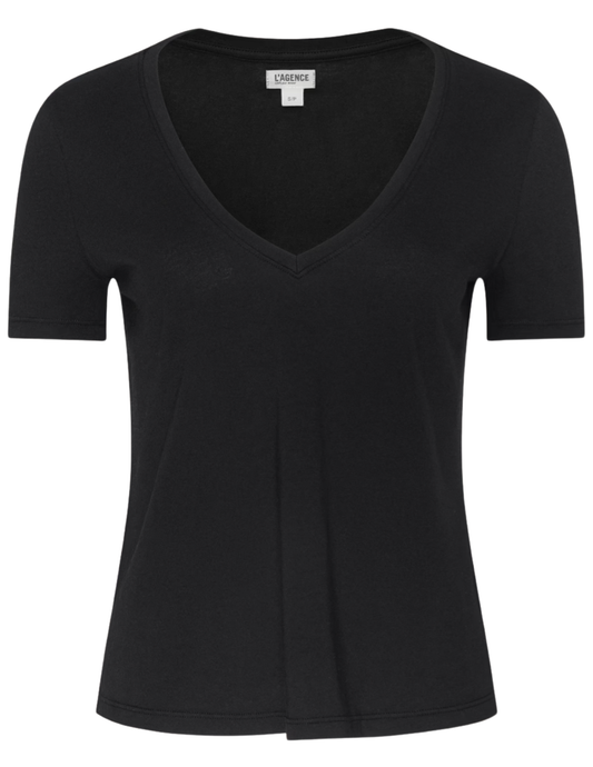 L'AGENCE Brianna Cotton V-Neck Tee in Black
