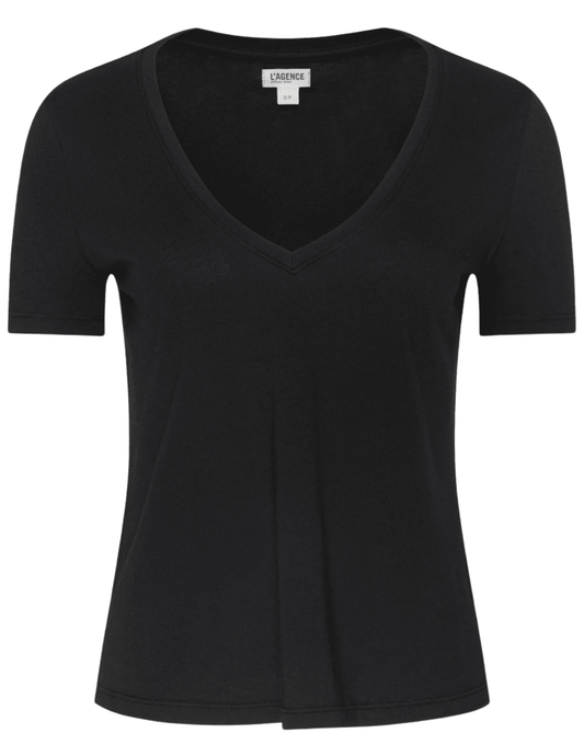 L'AGENCE Brianna Cotton V-Neck Tee in Black