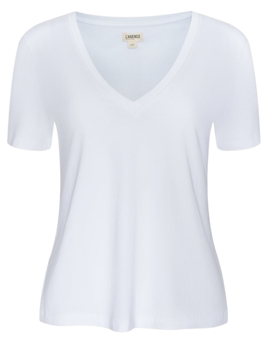 L'AGENCE Brianna Cotton V-Neck Tee in White