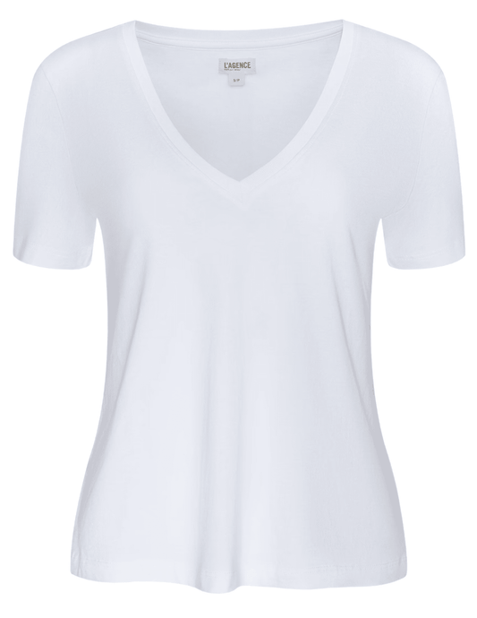 L'AGENCE Brianna Cotton V-Neck Tee in White