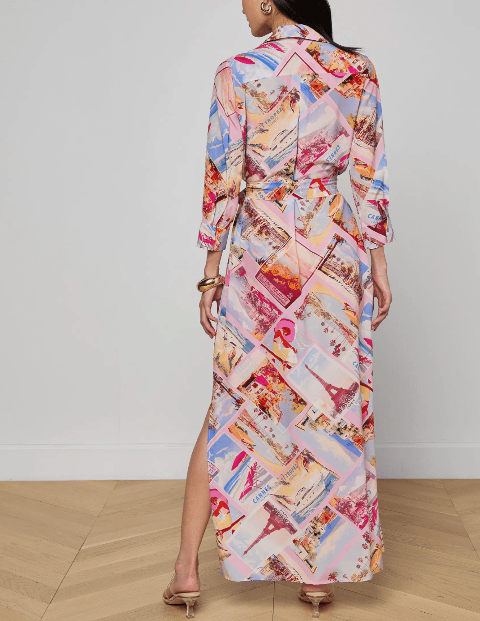 Back view of LAgence Cameron silk shirt dress in pink postcard print