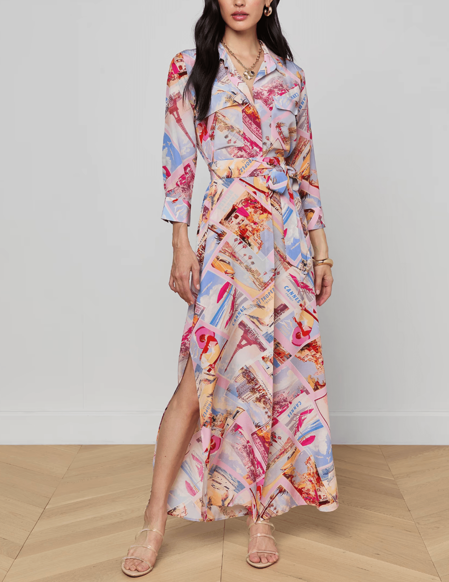 Front view LAgence Cameron silk shirt dress in pink postcard print