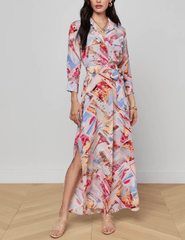 Front view LAgence Cameron silk shirt dress in pink postcard print