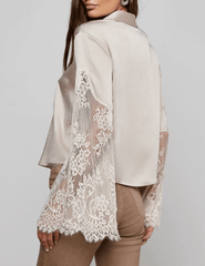 Back view of L’AGENCE Capri lace sleeve blouse in feather grey