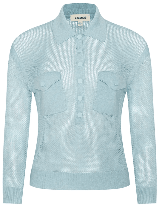 L’AGENCE Carine pointelle sweater in light blue with collar