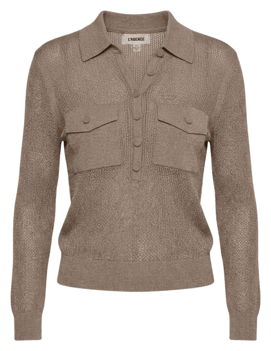 L’AGENCE Carine pointelle sweater in mushroom with collar and button placket