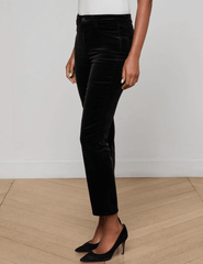 Black stretch velvet slim jeans with ultra-high rise waist.