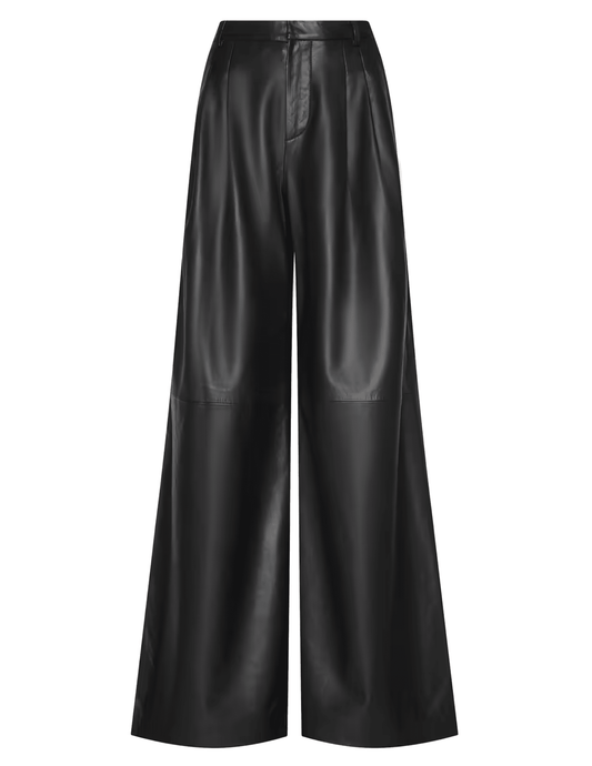 L'AGENCE Chelsy Leather Wide Leg Pants in Black featuring high-rise waist and genuine lambskin leather.