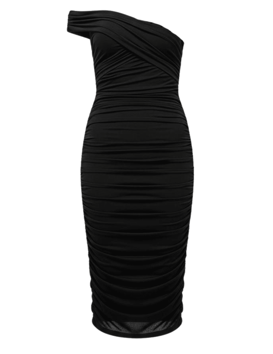 L’AGENCE Cheryl Shirred Midi Dress in Black – front view