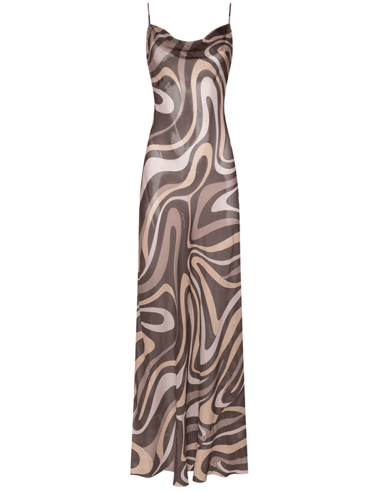 L'AGENCE Christine silk maxi dress in sepia brown abstract swirl print with cowl neckline
