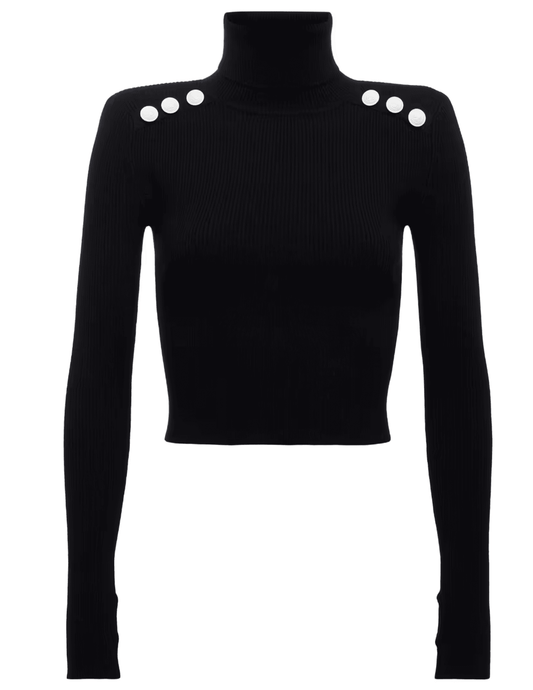L’AGENCE Colette Crop Turtleneck in Black and White – front view of ribbed cropped turtleneck with shoulder pads and crest buttons.