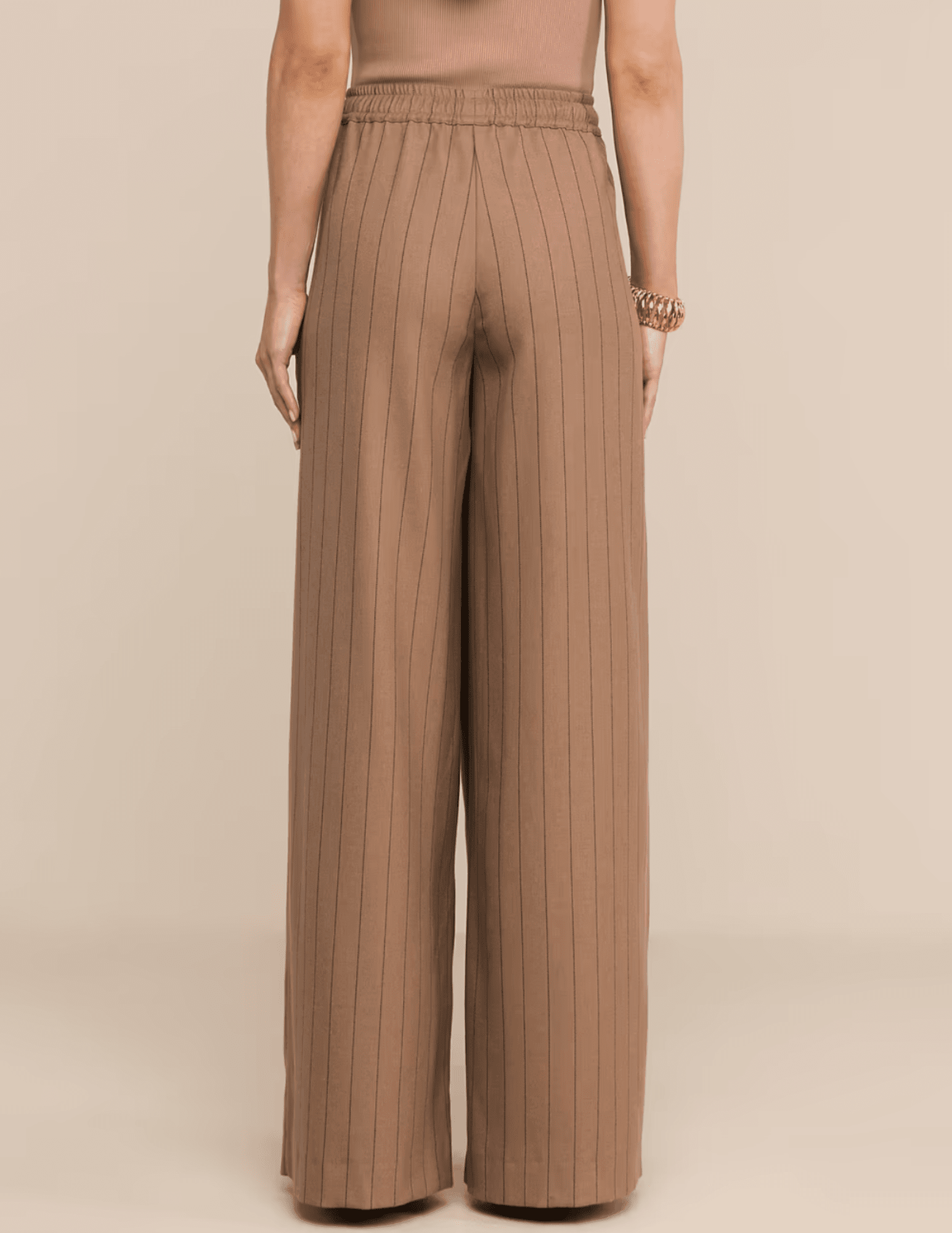 Back view of L'AGENCE Connie Drawstring Trouser in Mocha Tan Brown Pinstripe