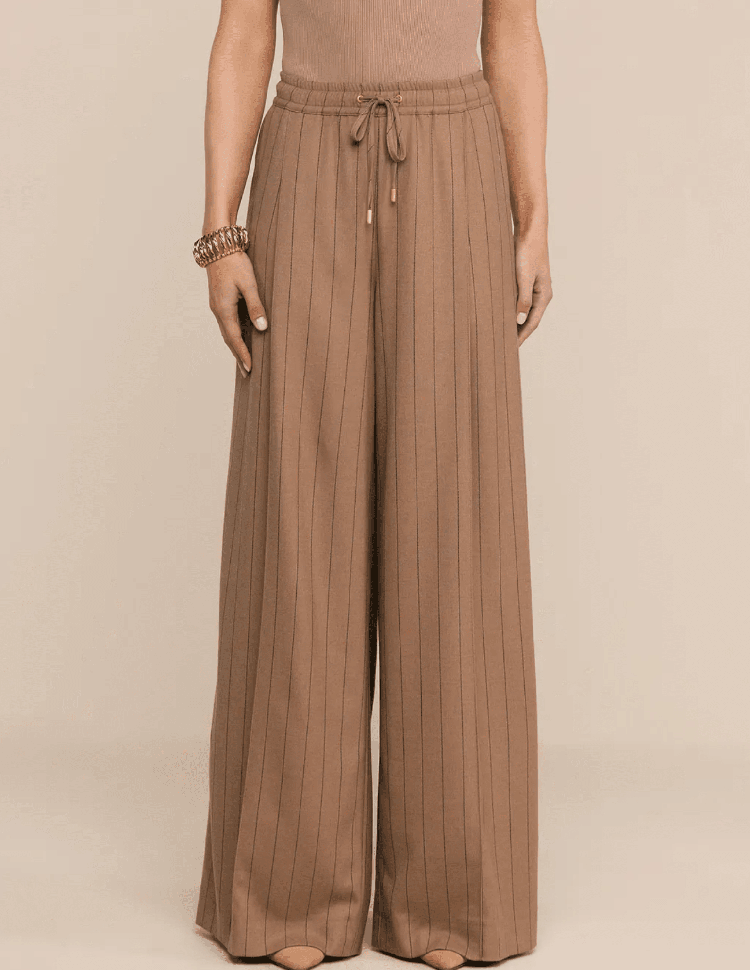 Front view of L'AGENCE Connie Drawstring Trouser in Mocha Tan Brown Pinstripe