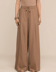 Front view of L'AGENCE Connie Drawstring Trouser in Mocha Tan Brown Pinstripe