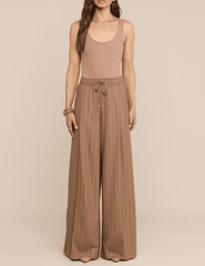 L'AGENCE Connie Drawstring Trouser in Mocha Tan Brown Pinstripe on model