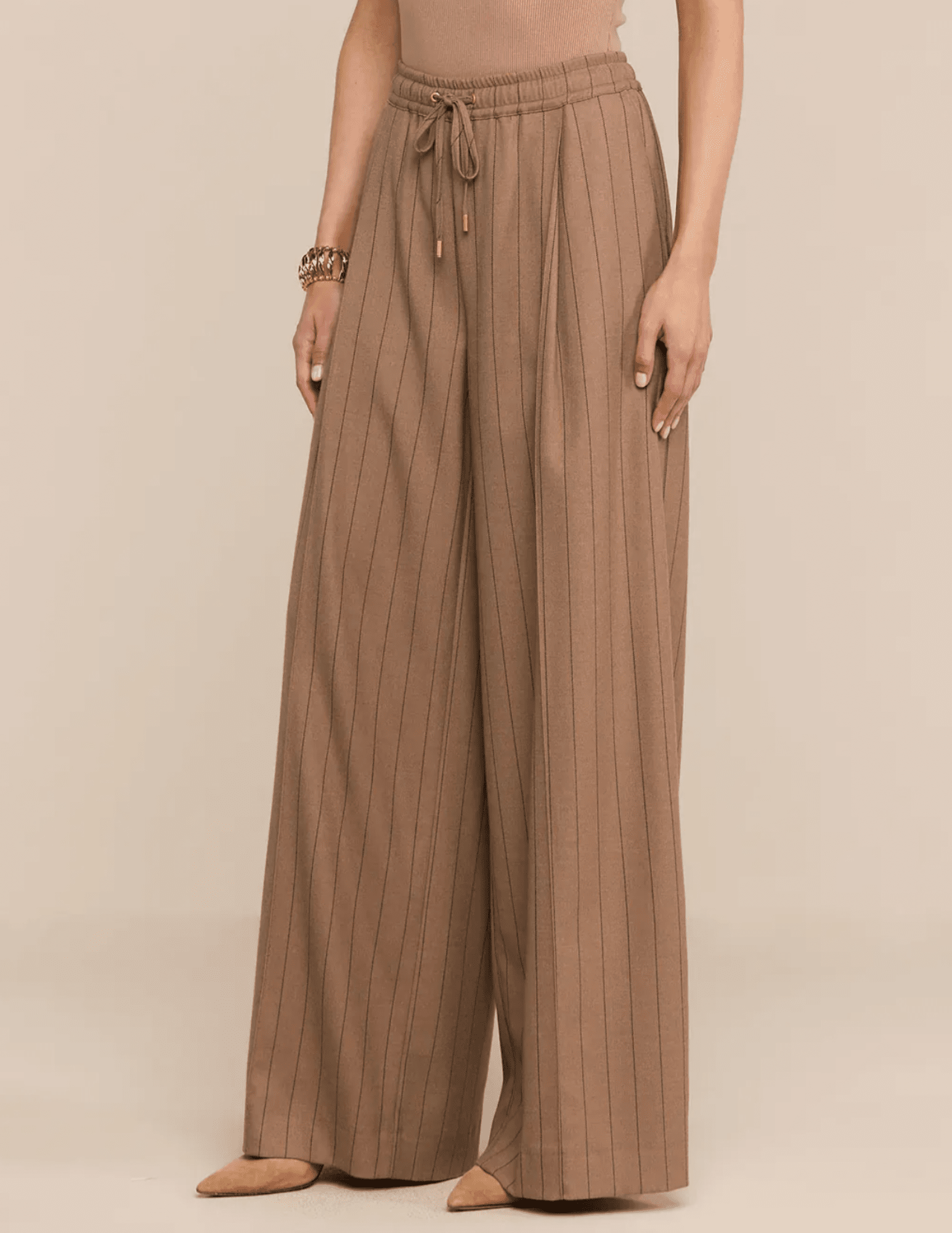 Side view of L'AGENCE Connie Drawstring Trouser in Mocha Tan Brown Pinstripe