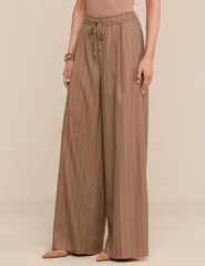 Side view of L'AGENCE Connie Drawstring Trouser in Mocha Tan Brown Pinstripe