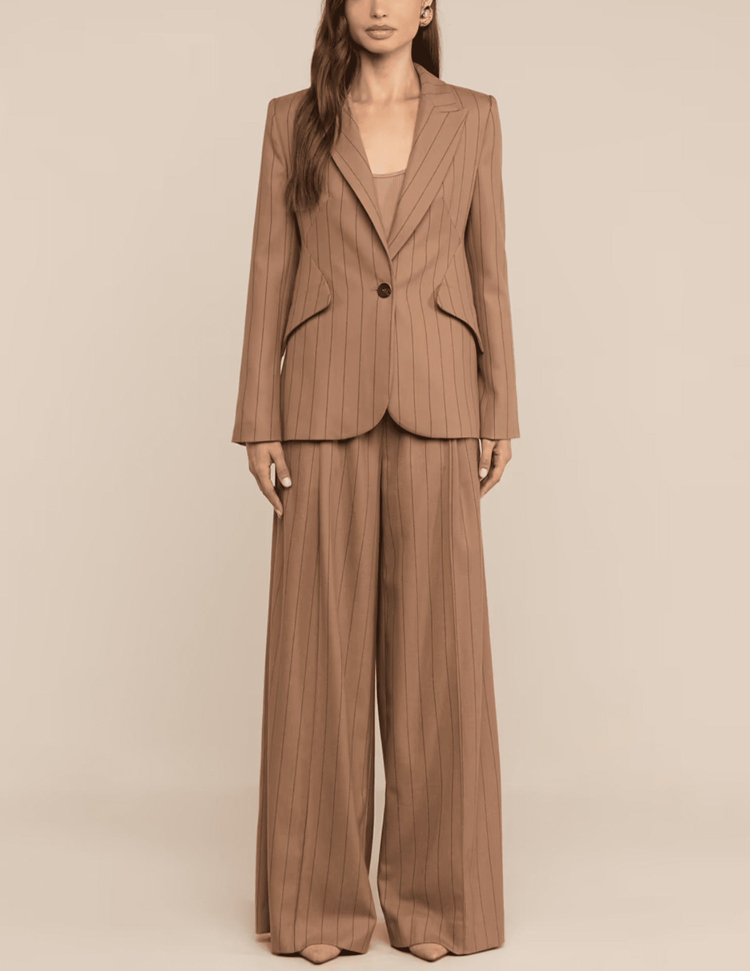 L'AGENCE Connie Drawstring Trouser in Mocha Tan Brown Pinstripe with matching blazer