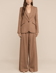 L'AGENCE Connie Drawstring Trouser in Mocha Tan Brown Pinstripe with matching blazer