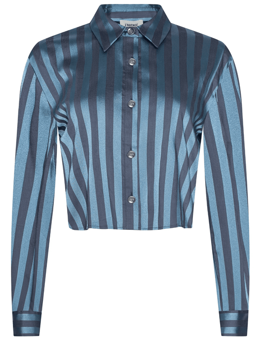 L’AGENCE Cosette satin cropped blouse in blue multi stripe