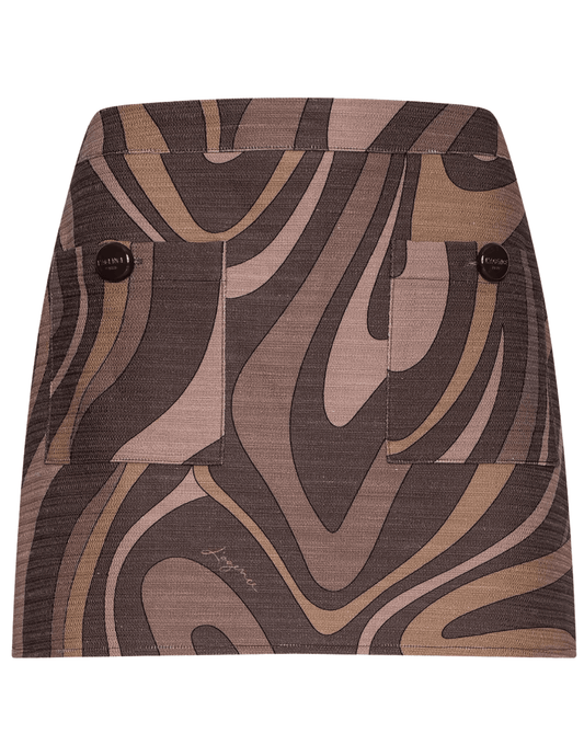 L'AGENCE Cyra Low Rise Mini Skirt in Sepia Brown Multi Abstract Swirl