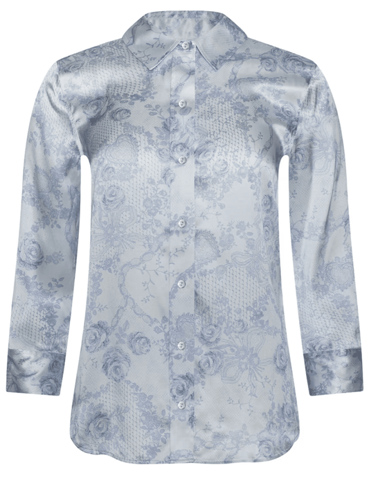 L'AGENCE Dani Three Quarter Sleeve Blouse in Ivory Pale Mist Blue Lace Print