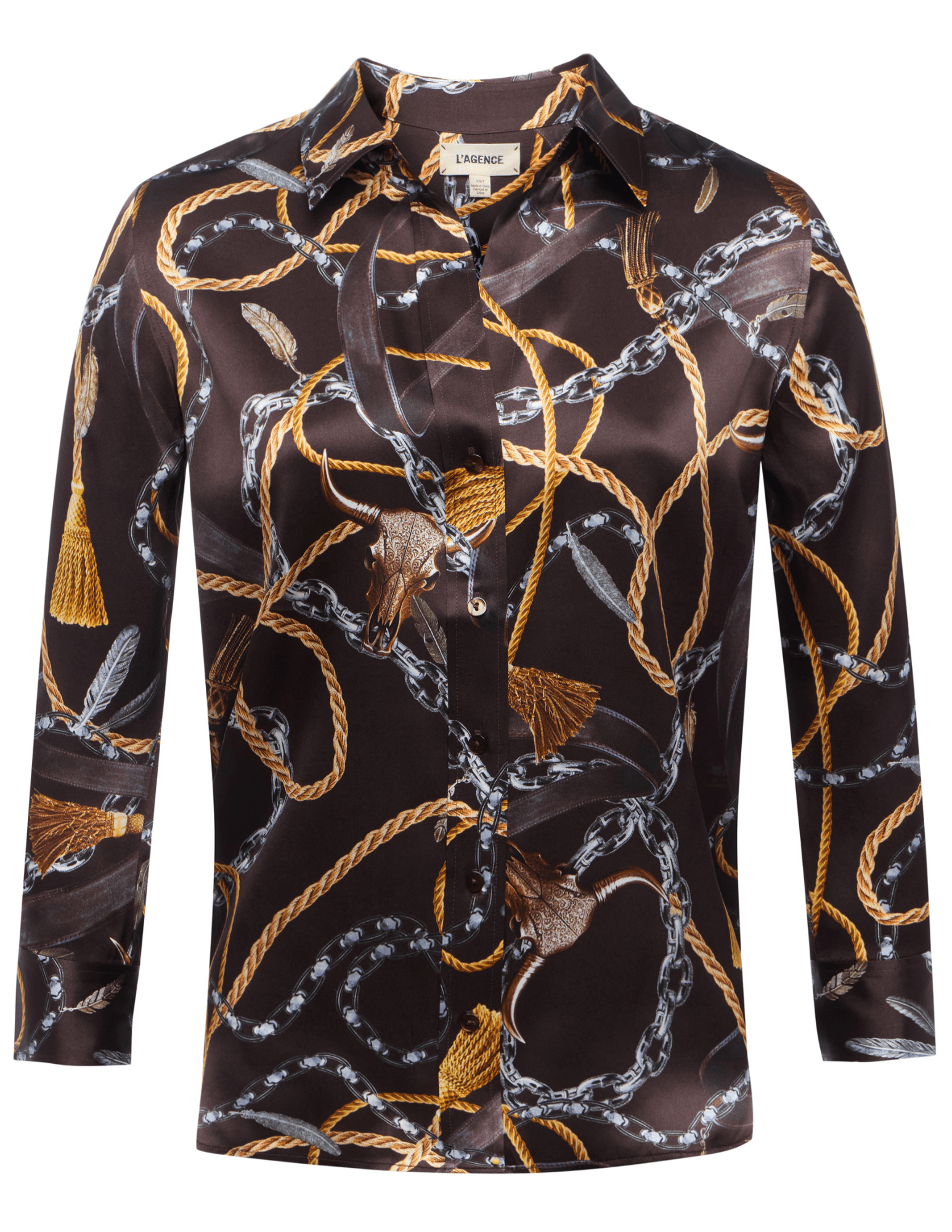 L’AGENCE Dani Three Quarter Sleeve Blouse in Coffee Bean Multi Mix Western Chain