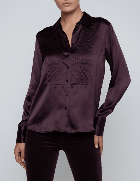 Silk blouse with pintuck detailing and satin buttons in burgundy by L’AGENCE.