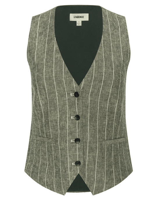 L'AGENCE Drina Tailored Vest in Olive Green Pinstripe
