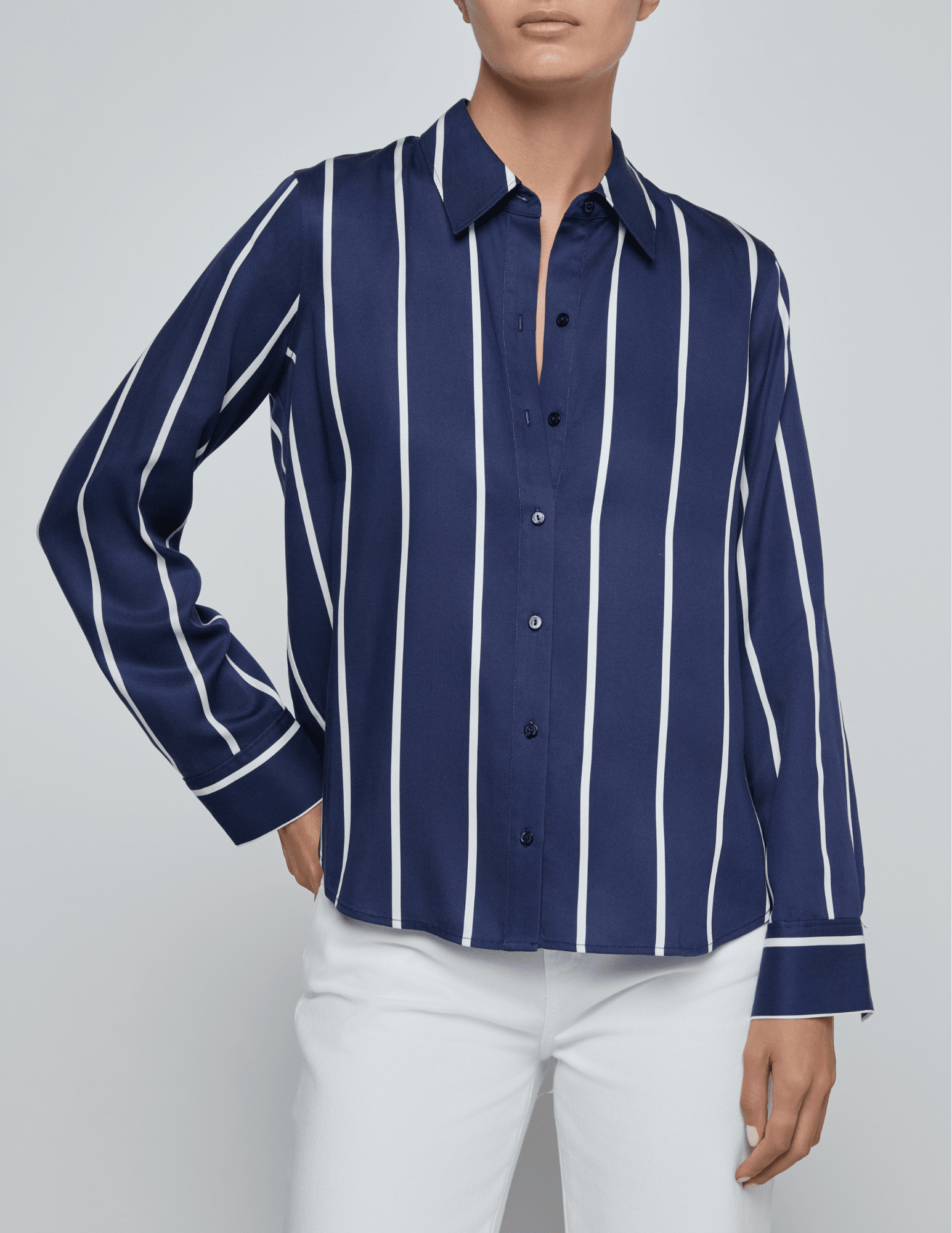 Front view of L’AGENCE Ellery blouse in midnight with white stripes
