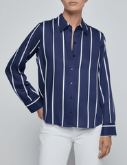 Front view of L’AGENCE Ellery blouse in midnight with white stripes