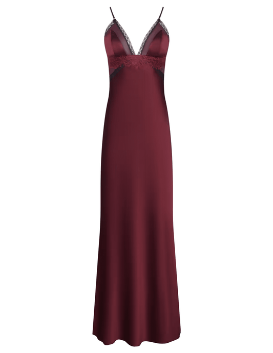 L'AGENCE Elsa Silk Gown in Deep Port and Black featuring a plunging V-neckline and delicate lace trim