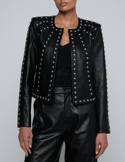 Front view of collarless studded leather jacket