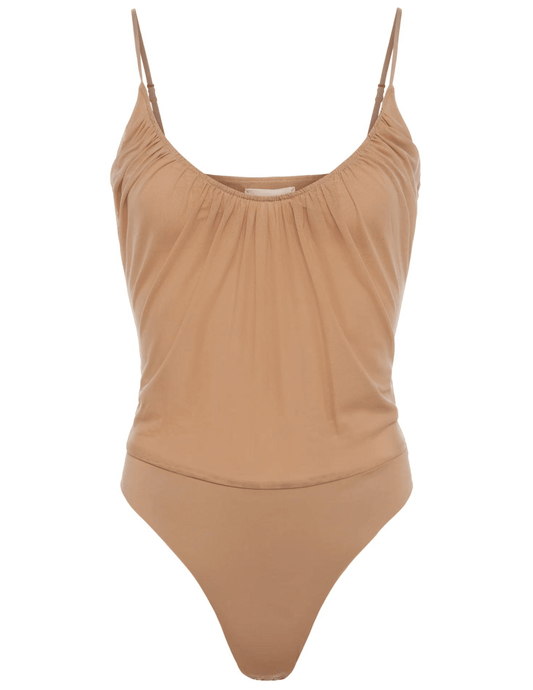 L'Agence - L'AGENCE Gelina Ruched Scoop-Neck Bodysuit in Dark Cappuccino - Buy Online