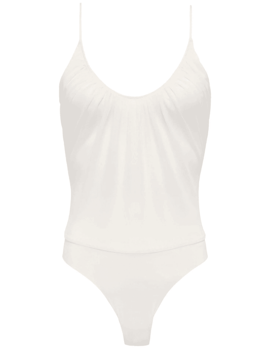 L'Agence - L'AGENCE Gelina Ruched Scoop-Neck Bodysuit in Vintage White. - Buy Online