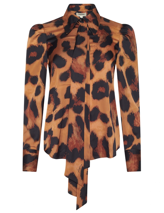 L'AGENCE Honey Tie Neck Blouse in Soft Cognac Black with oversized leopard print and long neck ties.
