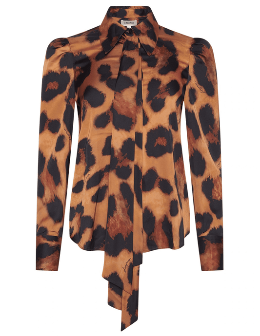 L'AGENCE Honey Tie Neck Blouse in Soft Cognac Black with oversized leopard print and long neck ties.