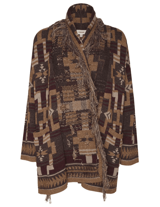 L’AGENCE Jair Jacquard Fringe Cardigan in Burgundy Multi