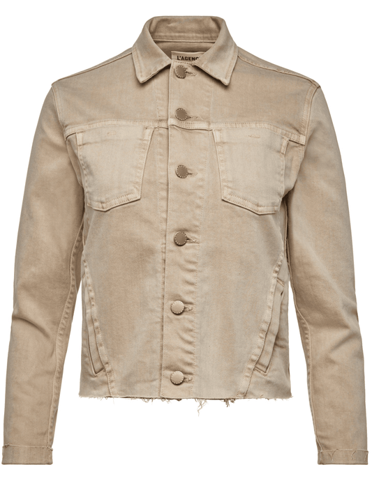 L’AGENCE Janelle Slim Denim Jacket in Biscuit front view