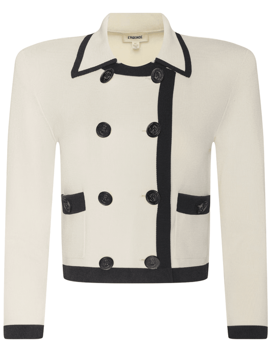 L’AGENCE Janu contrast trim knit jacket in white with black trim
